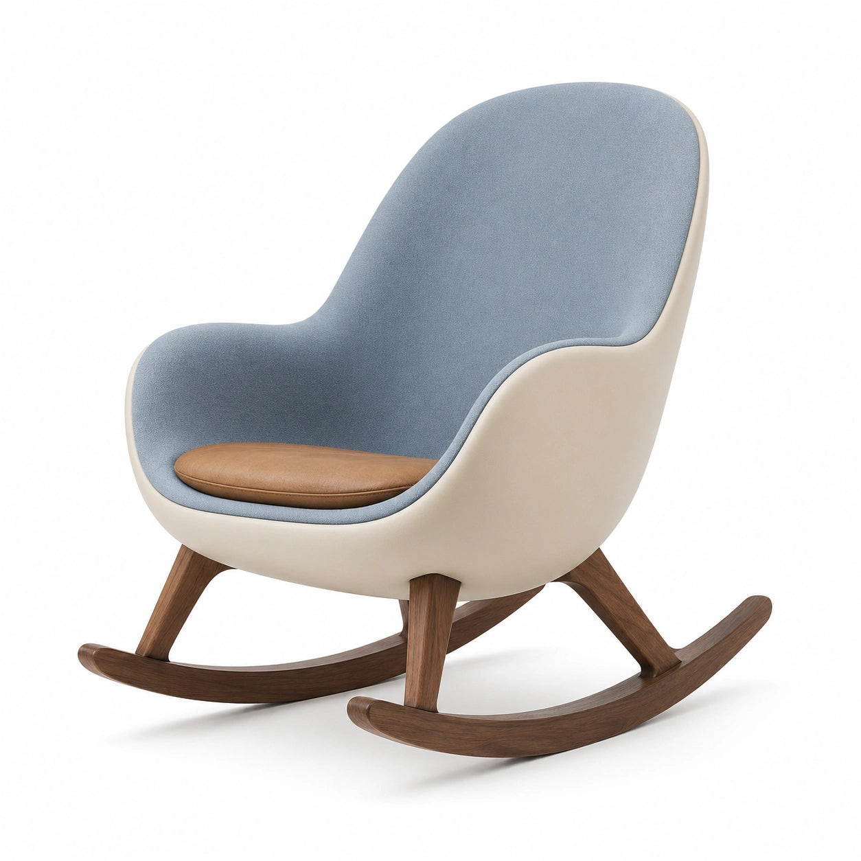 Sillón mecedora de madera con asiento de cuero sintético y respaldo de tela