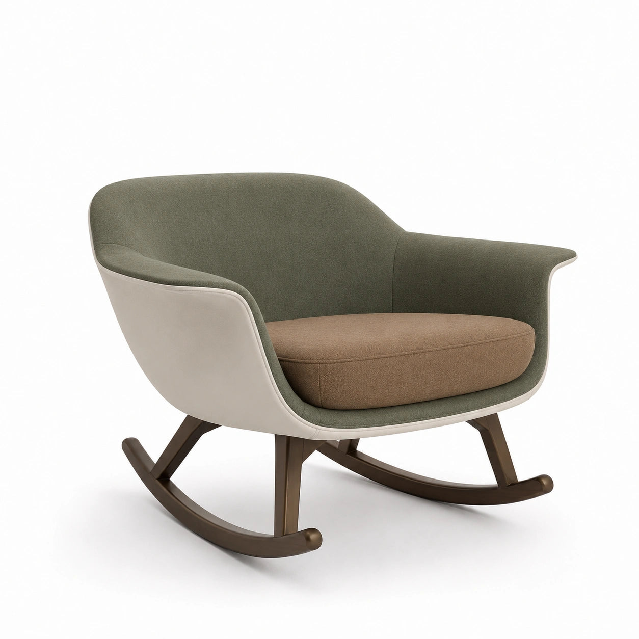 Sillón mecedora de madera y tela verde y marrón