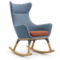 Silla mecedora de tela azul y anaranjado con base de madera y metal