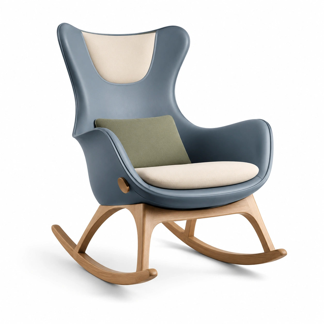 Silla Mecedora de Poliuretano Azul y Beige con Cojín Verde y Base de Haya