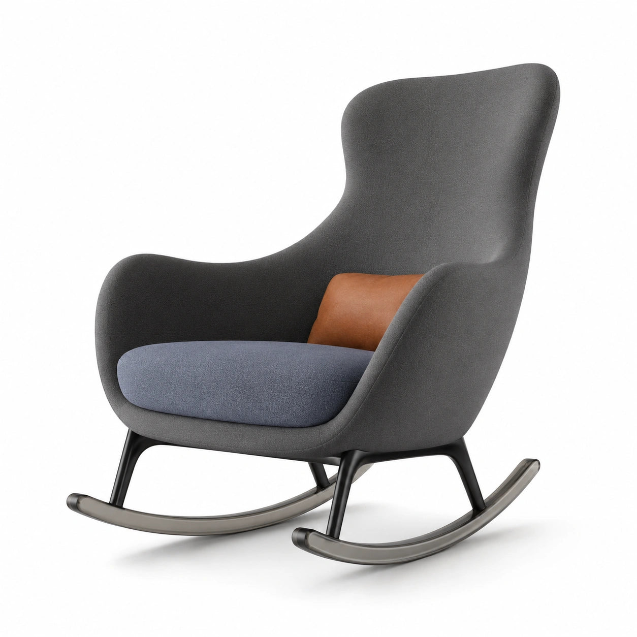 Sillón mecedora de tela gris con cojín marrón y asiento azul