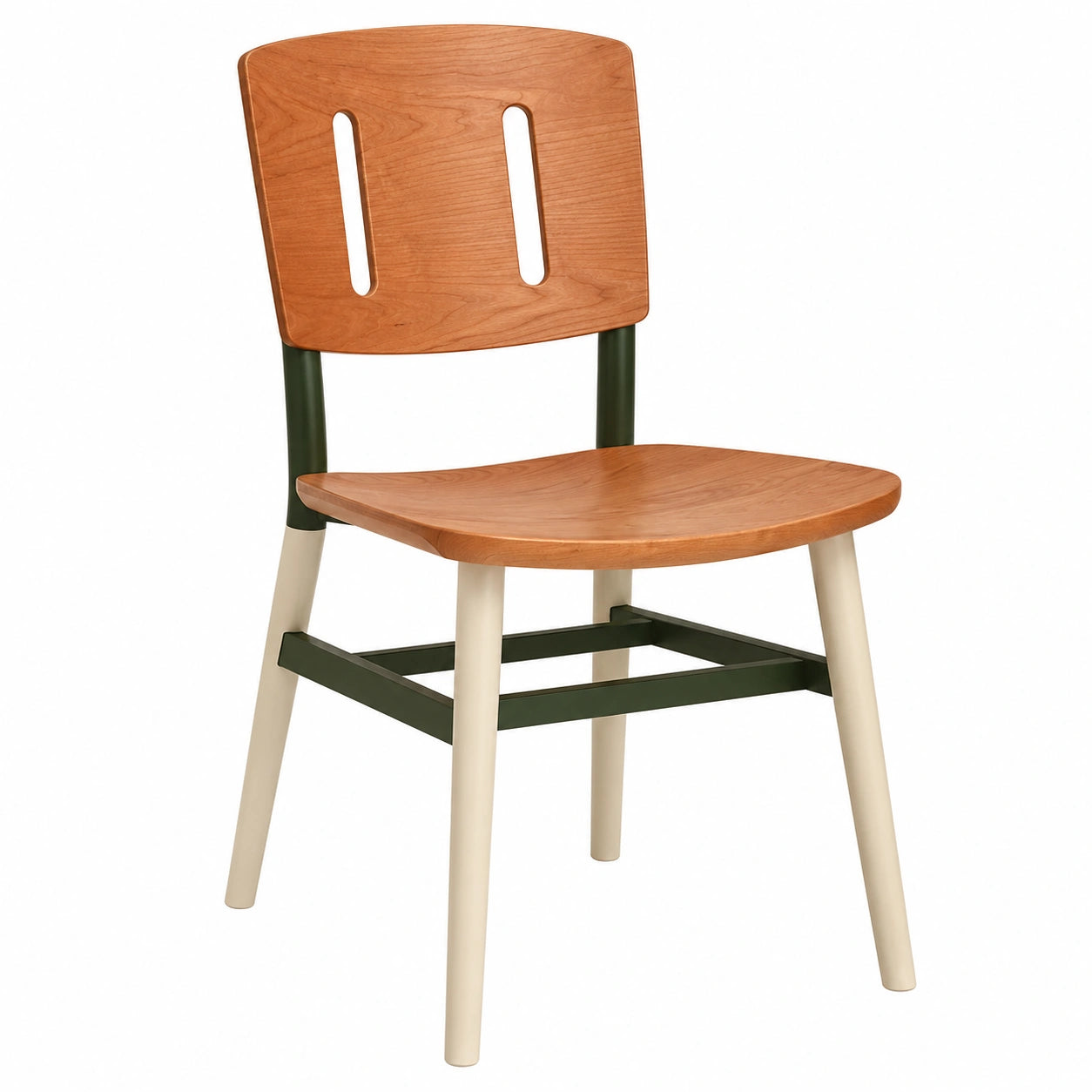 Silla de madera contrachapada con estructura de acero verde y patas crema