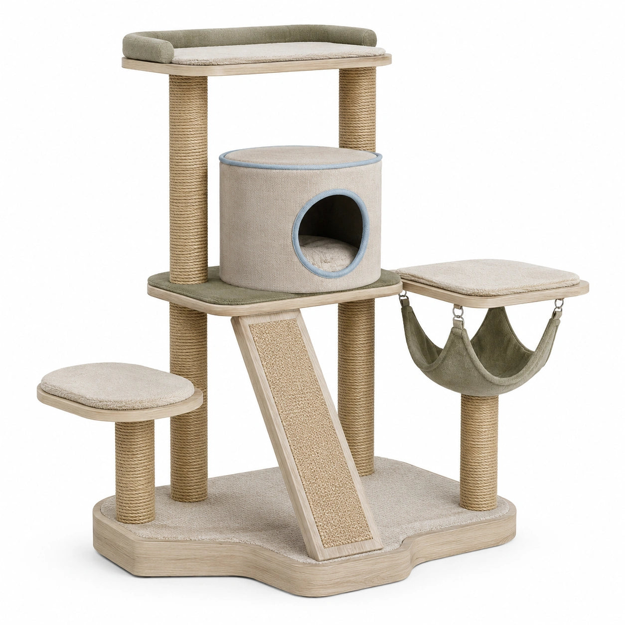 Árbol para Gatos de Madera con Cuerda de Sisal y Hamaca Beige y Verde