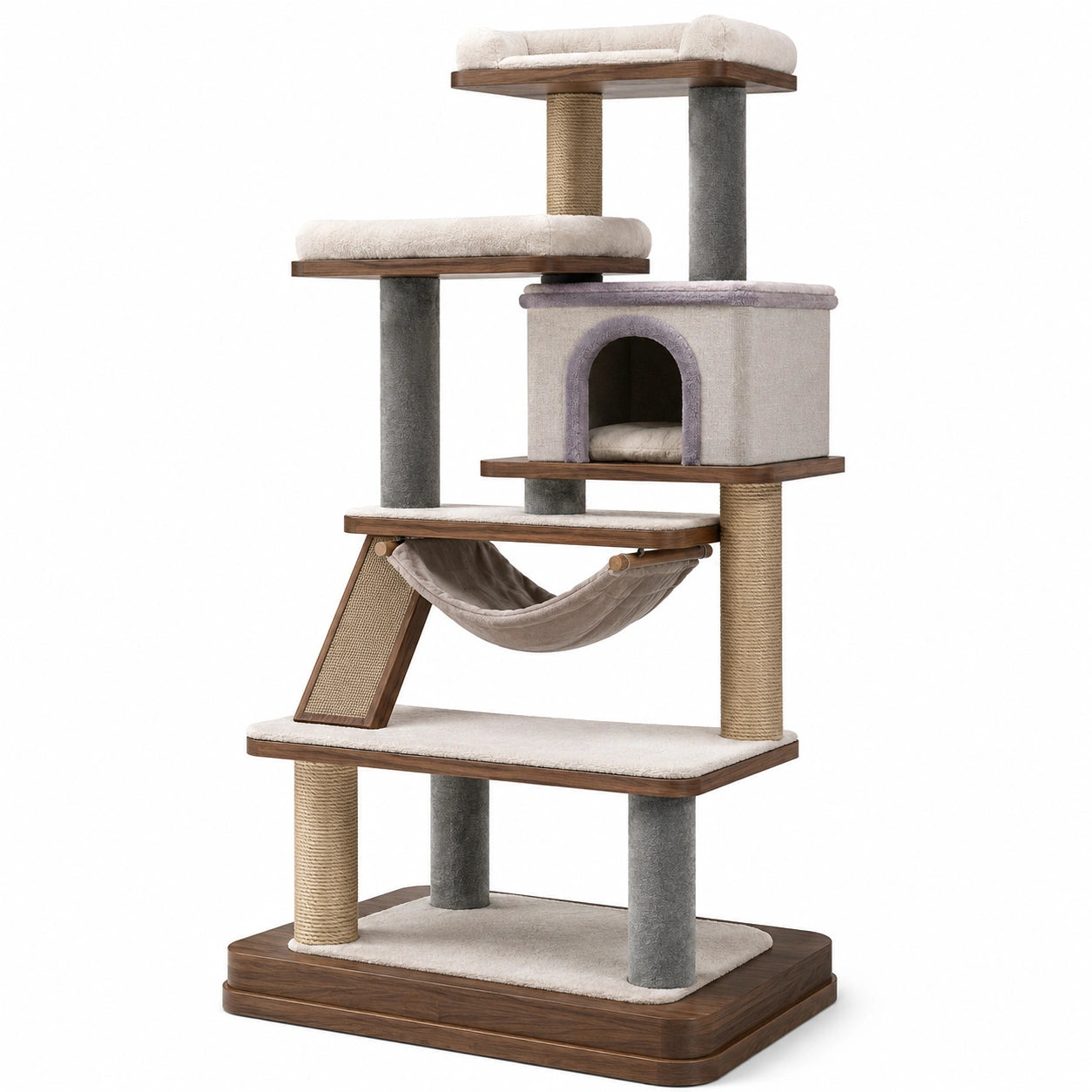 Árbol rascador para gatos de madera y tela de felpa con hamaca 142 cm Beige/Madera