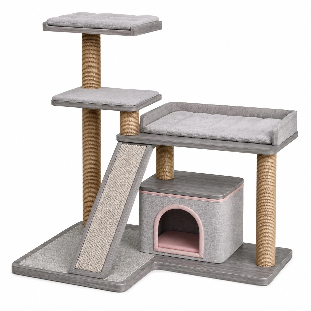 Centro de Actividades para Gatos Gris con Rascador de Sisal y Rampa