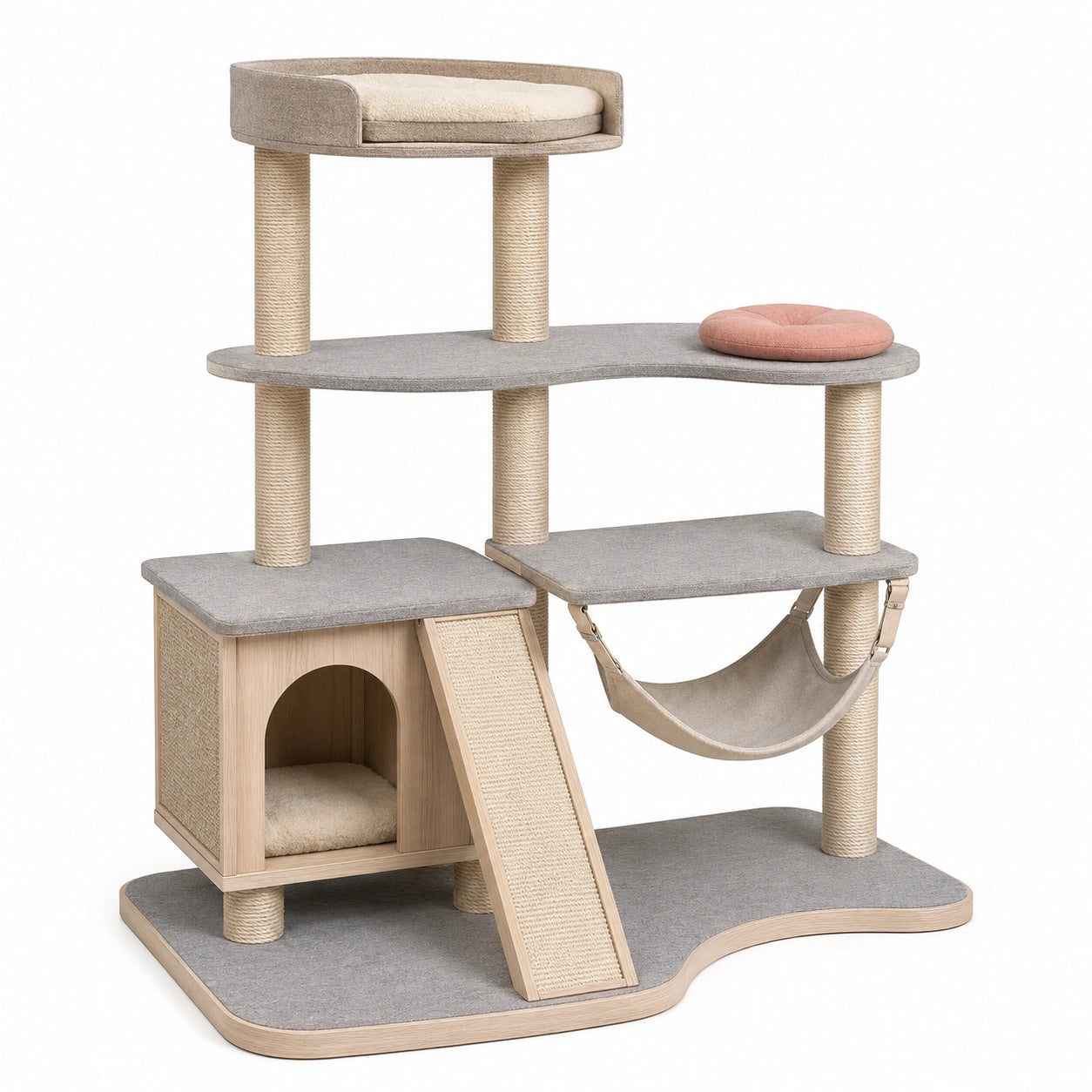 Árbol rascador de madera para gatos con cama y hamaca Beige/Gris