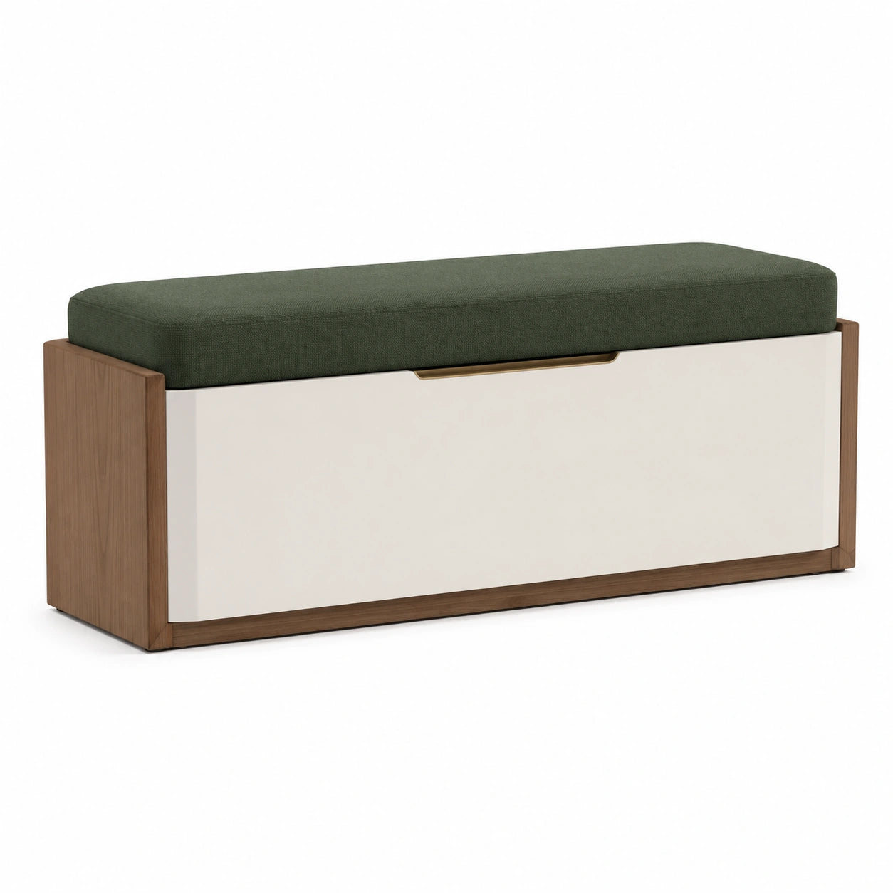 Banco de almacenamiento con asiento de tela verde y marco de madera