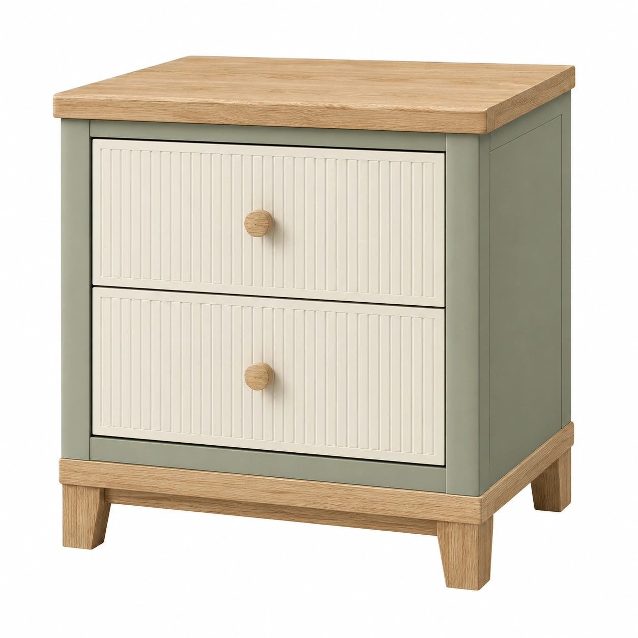 Mesa de Noche de MDF y Roble con 2 Cajones Verde y Beige