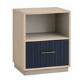 Mesita de noche de madera con cajón azul oscuro y beige