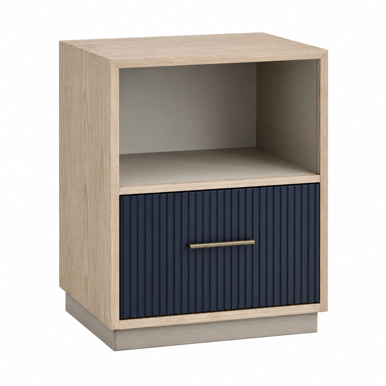 Mesita de noche de madera con cajón azul oscuro y beige