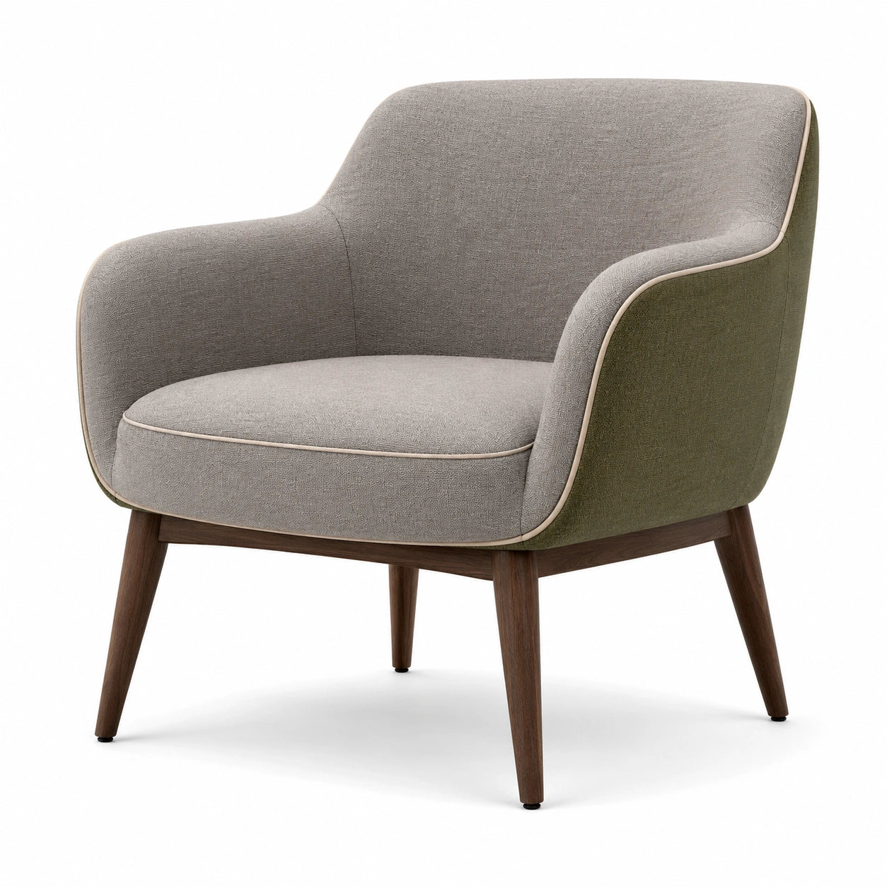 Sillón de poliéster gris y verde con patas de madera