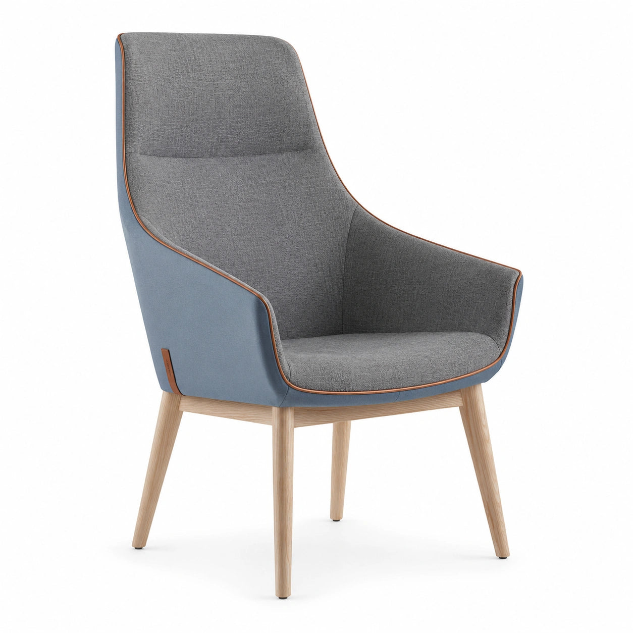 Sillón de tela gris y azul con patas de madera