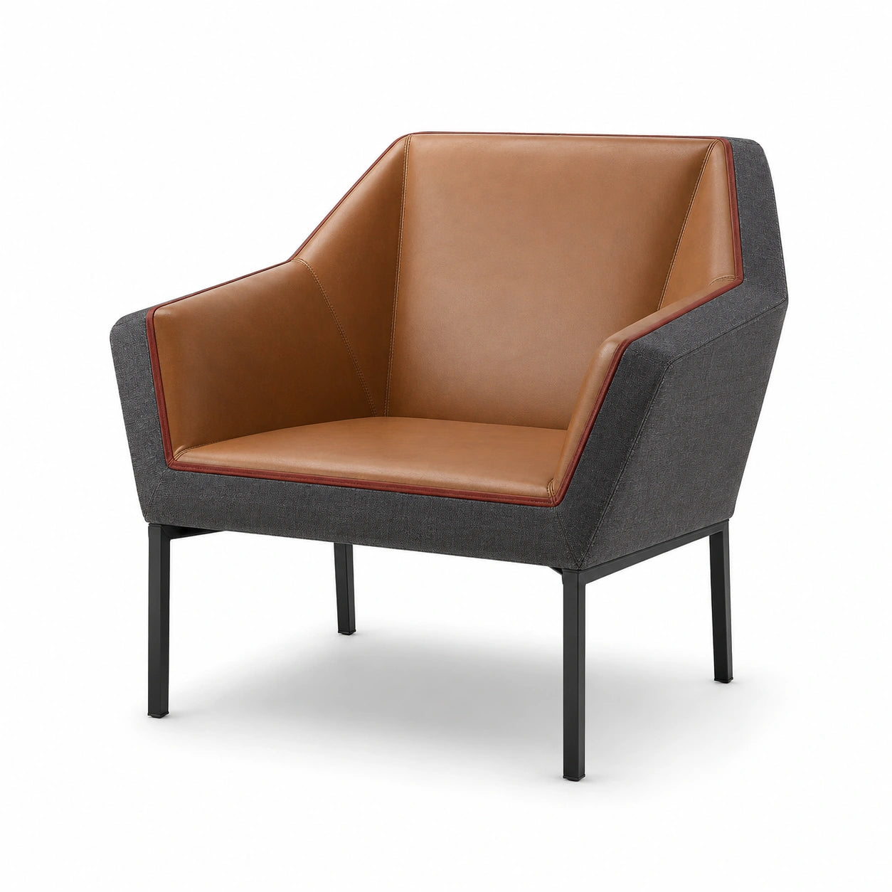 Sillón de Cuero PU Marrón y Tela Gris con Patas Metálicas