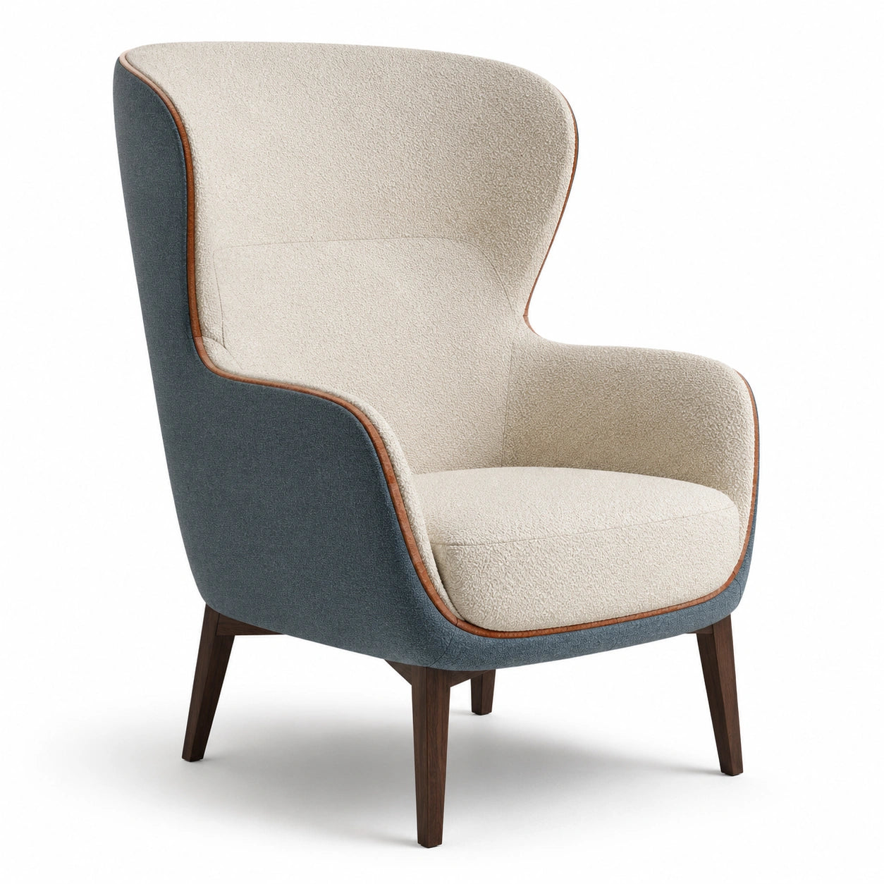 Sillón orejero de madera tapizado en bouclé beige y azul