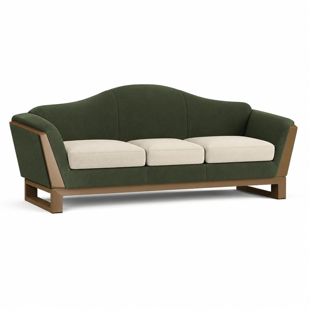 Sofá de 3 plazas en tela verde con cojines beige y base de madera