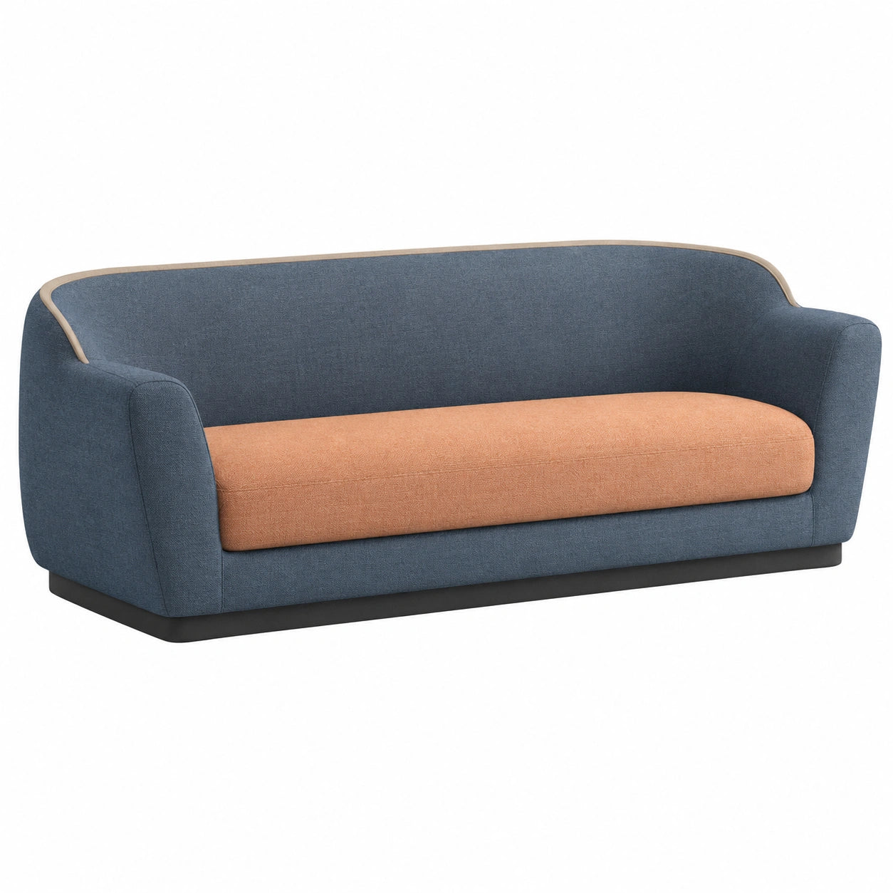 Sofá de Tela Azul y Naranja con Base de Madera