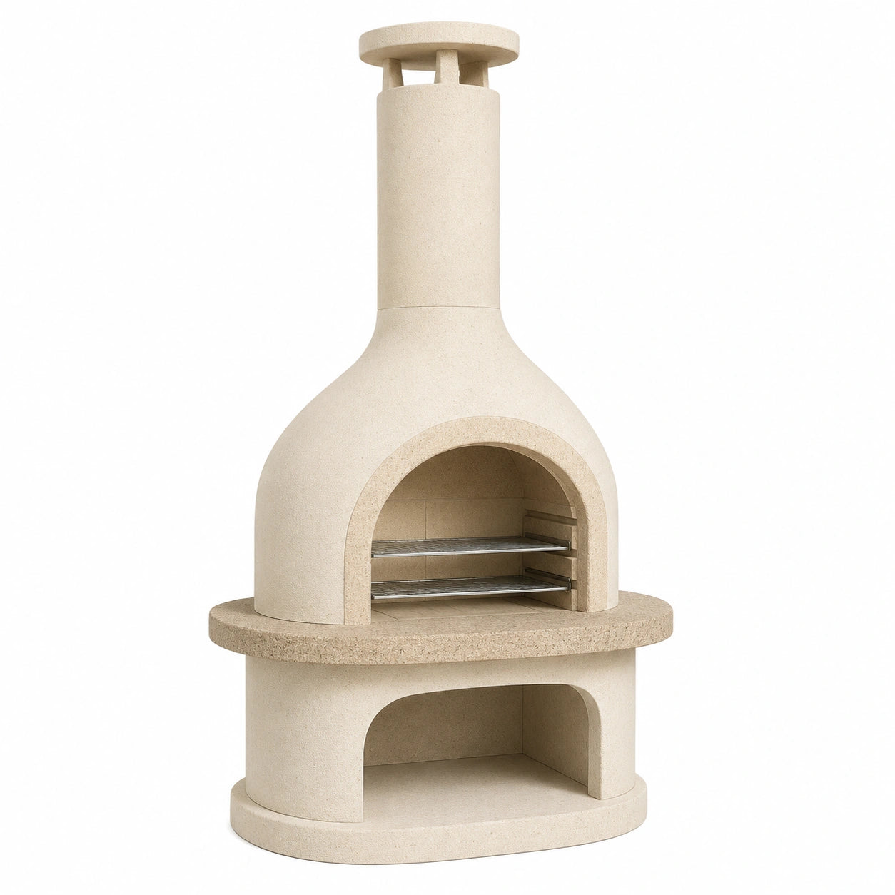 Barbacoa de cemento refractario beige con chimenea y rejillas de acero inoxidable